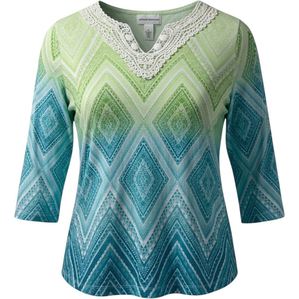 Alfred Dunner Top Womens XL Green Blue Excellent Ombre Geometric Lace V-Neck